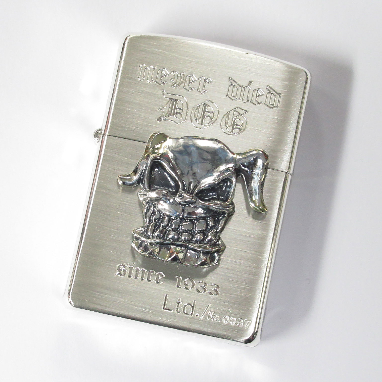 Vintage Zippo Skull Dog Metal Silver Etching 2002 Japan Limited Oil Lighter